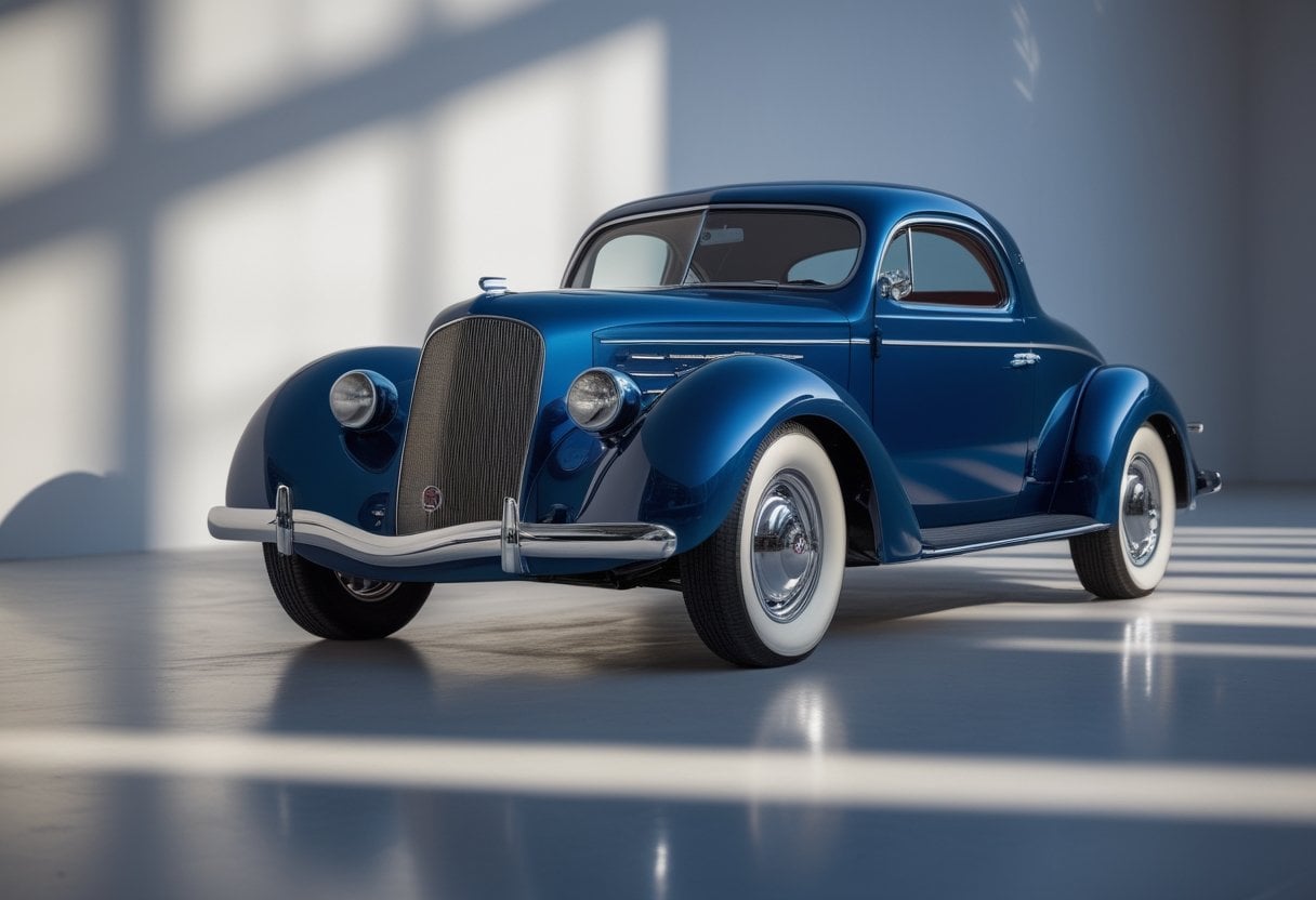 A 1934 Dodge Airflow car shown from the front side on a reflective surface with a blurred background.