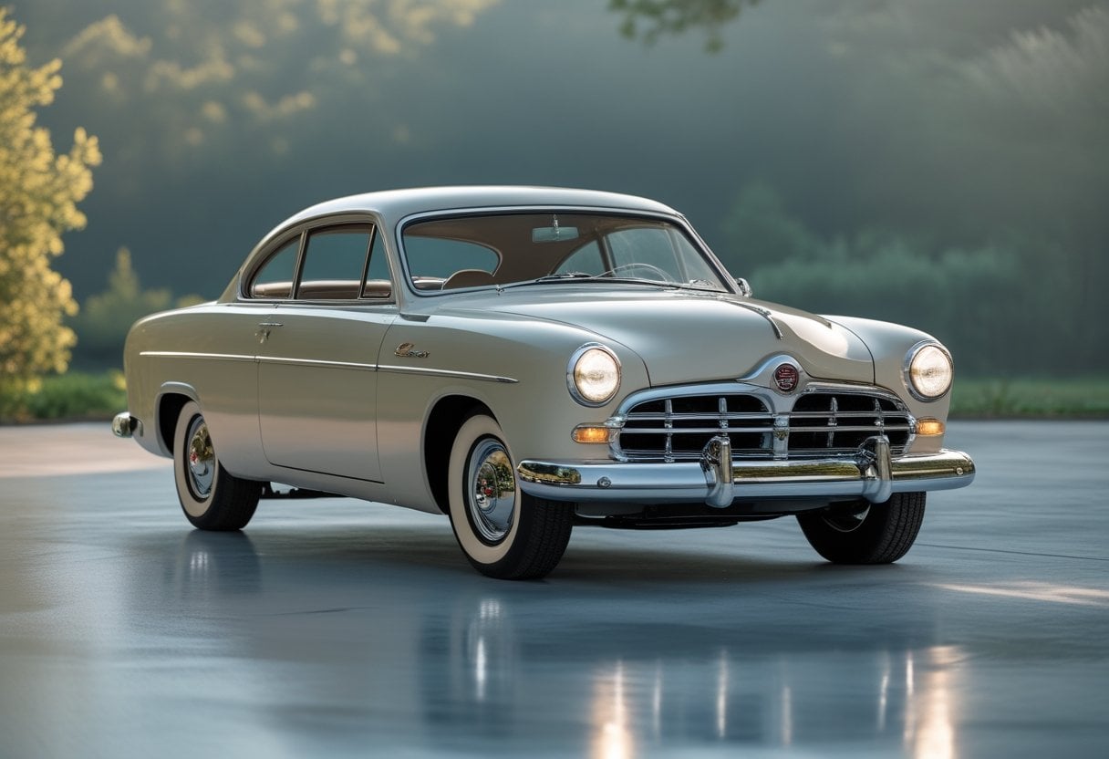 A 1949 Dodge Coronet vintage car parked outdoors with greenery in the background.