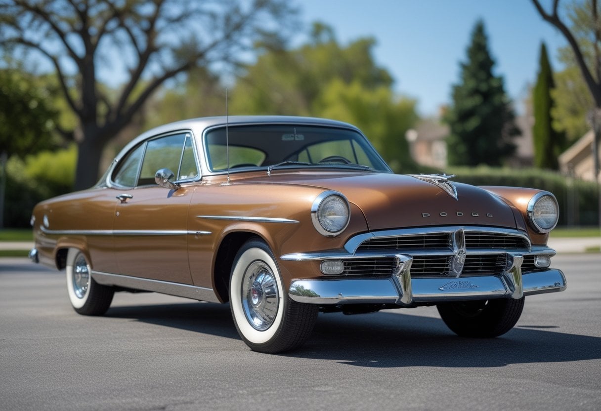A 1955 Dodge Custom Royal Lancer parked outdoors on a sunny day with trees and a clear sky in the background.