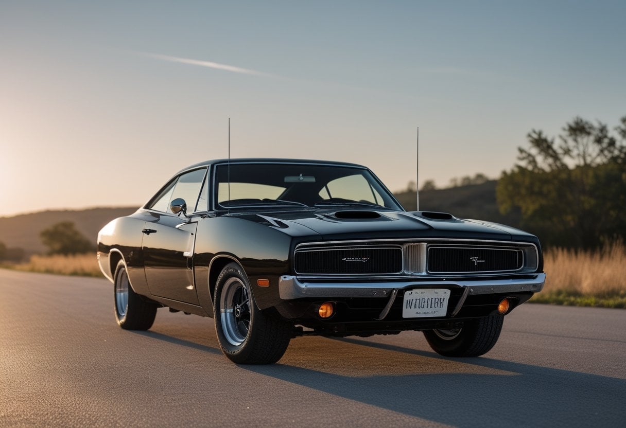 A black 1968 Dodge Charger R/T 426 Hemi parked on an open road with trees and hills in the background.