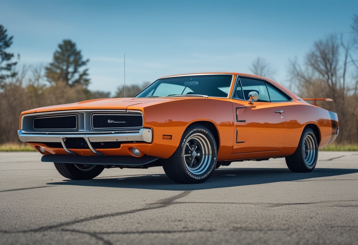 A bright orange 1969 Dodge Charger Daytona muscle car parked outdoors with a clear sky in the background.