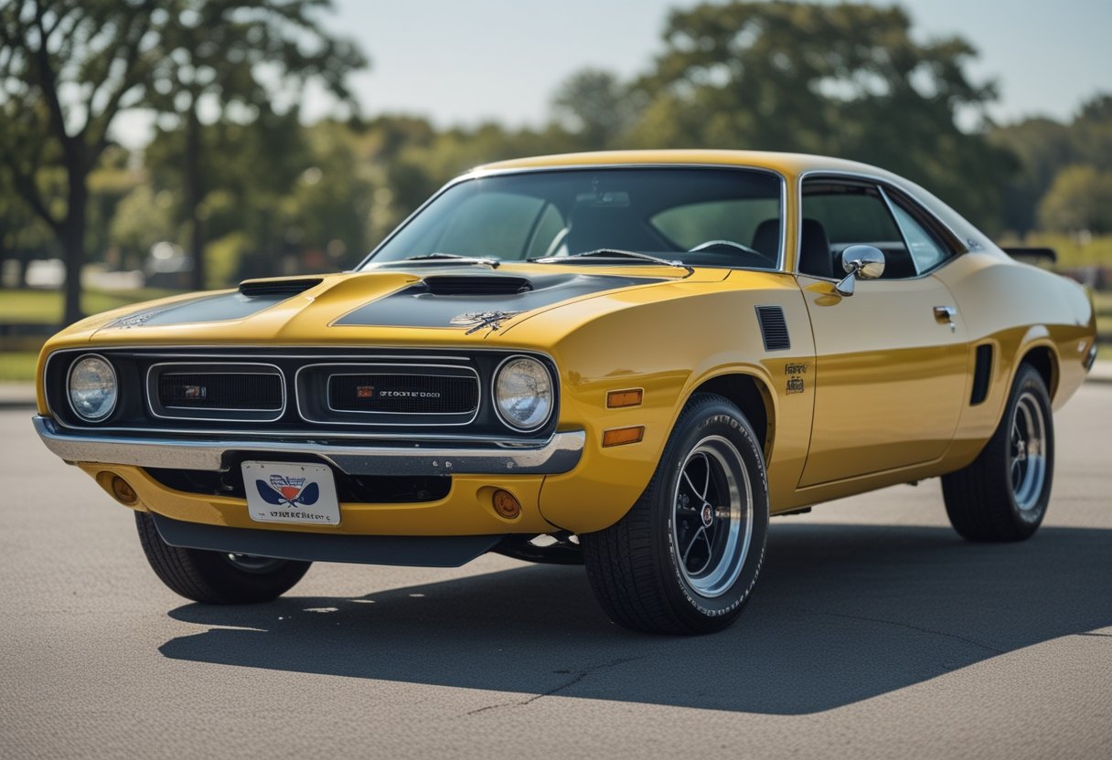 A yellow 1970 Dodge Super Bee muscle car parked outdoors with black racing stripes and chrome details.