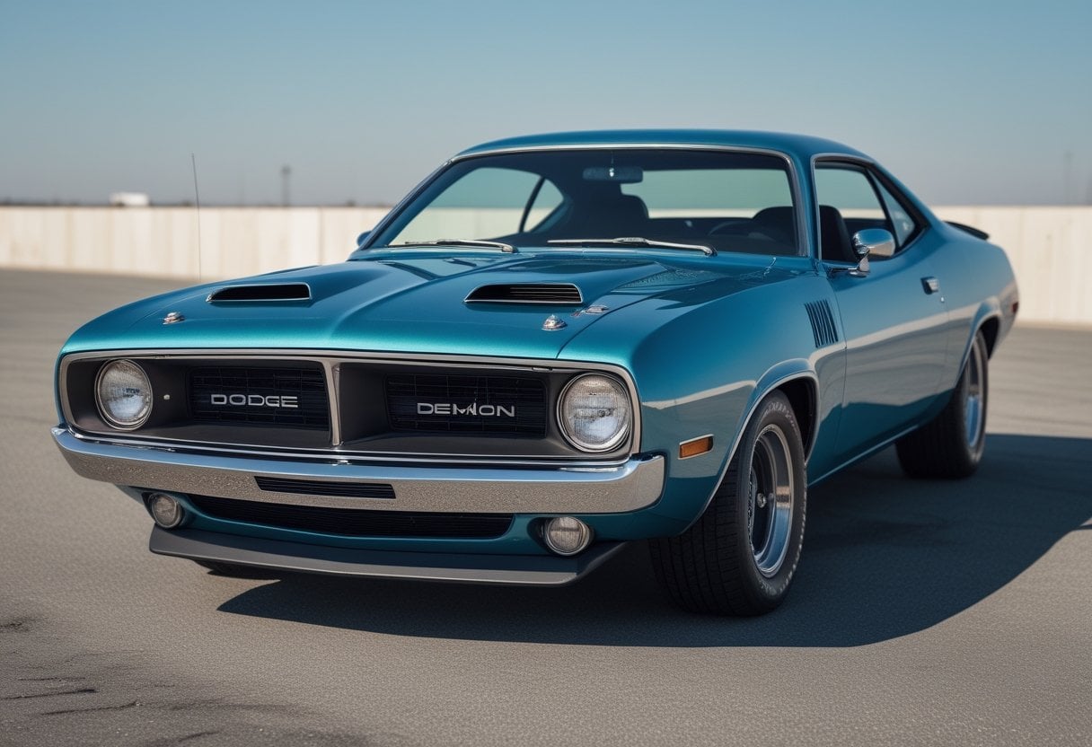 A 1971 Dodge Demon 340 muscle car parked outdoors on a clear day, shown from the front side angle.
