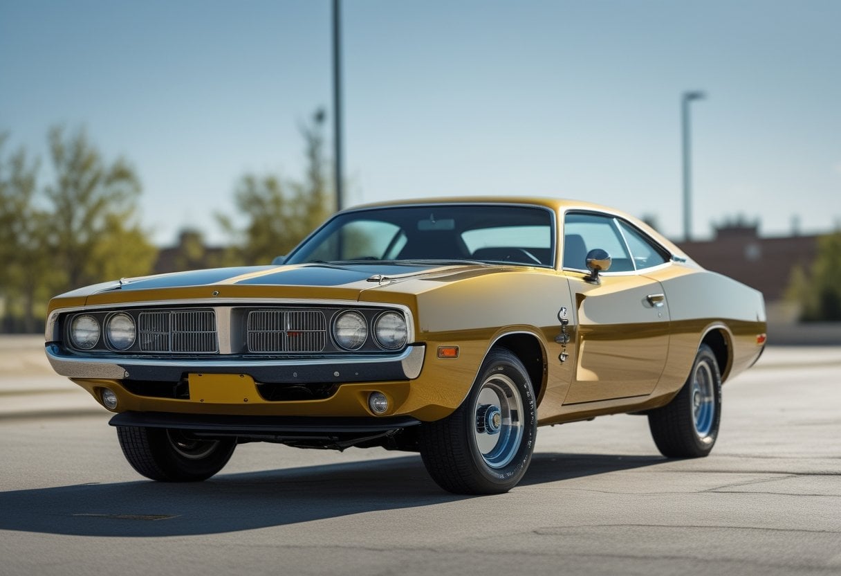 A 1974 Dodge Charger parked outdoors on a sunny day, showing its classic design and shiny finish.