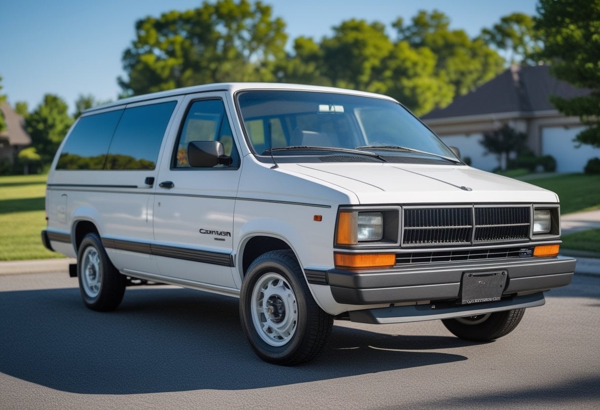 A white 1983 Dodge Caravan parked outdoors in a suburban area with trees in the background.