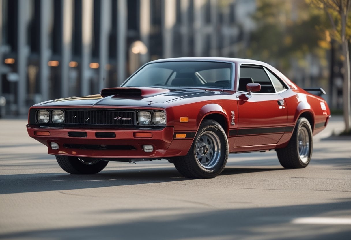 A red 1984 Dodge Shelby Charger parked outdoors with black racing stripes and a blurred urban background.