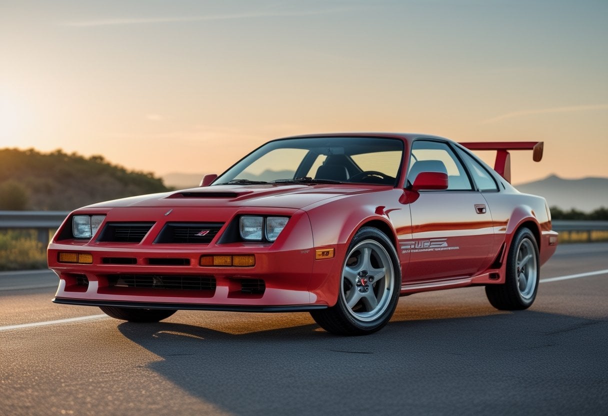 A red 1989 Dodge Daytona Turbo Z parked on a rural road with mountains in the background under a clear sky.