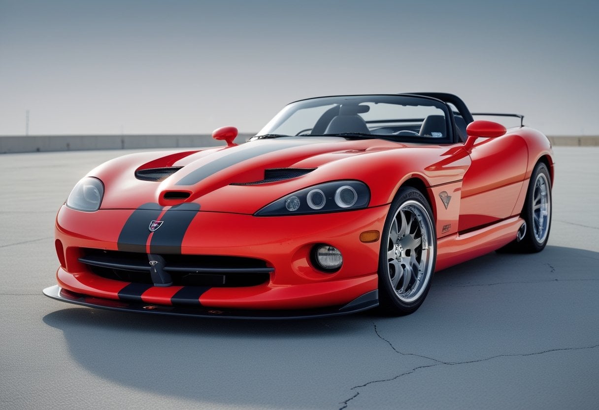 A bright red 1992 Dodge Viper RT/10 sports car with black racing stripes parked outdoors on a paved surface.