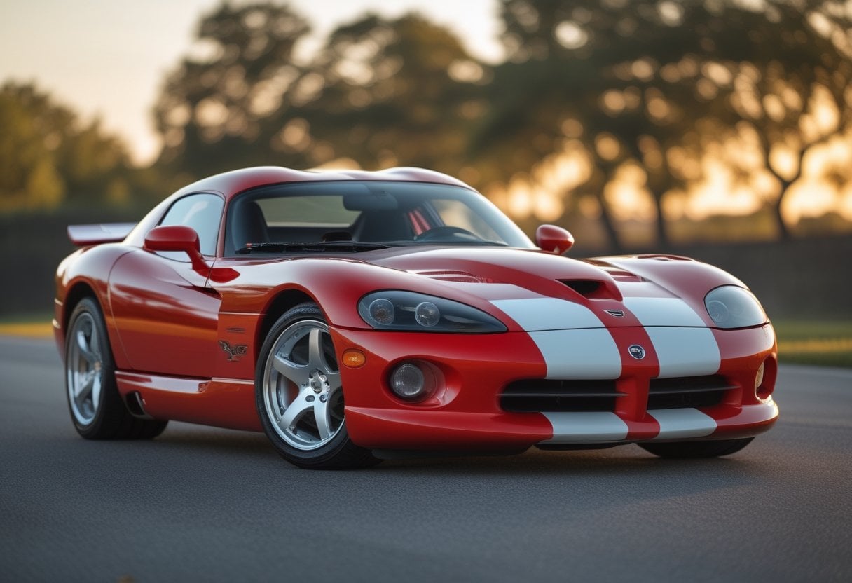 A red 1999 Dodge Viper GTS with white racing stripes parked on a road with trees and blue sky in the background.