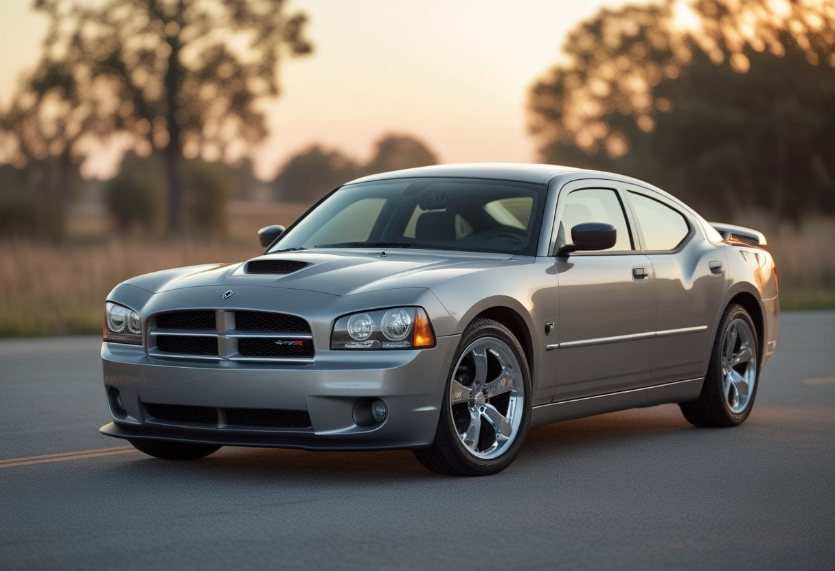 A 2006 Dodge Charger SRT8 parked on an open road with trees and a clear sky in the background.