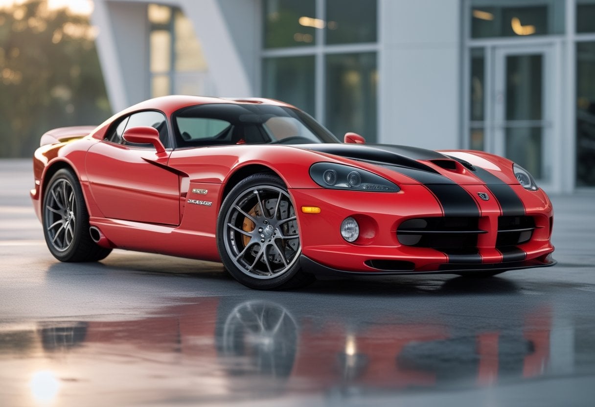 A red 2008 Dodge Viper SRT10 sports car parked on a paved surface with a blurred urban background.
