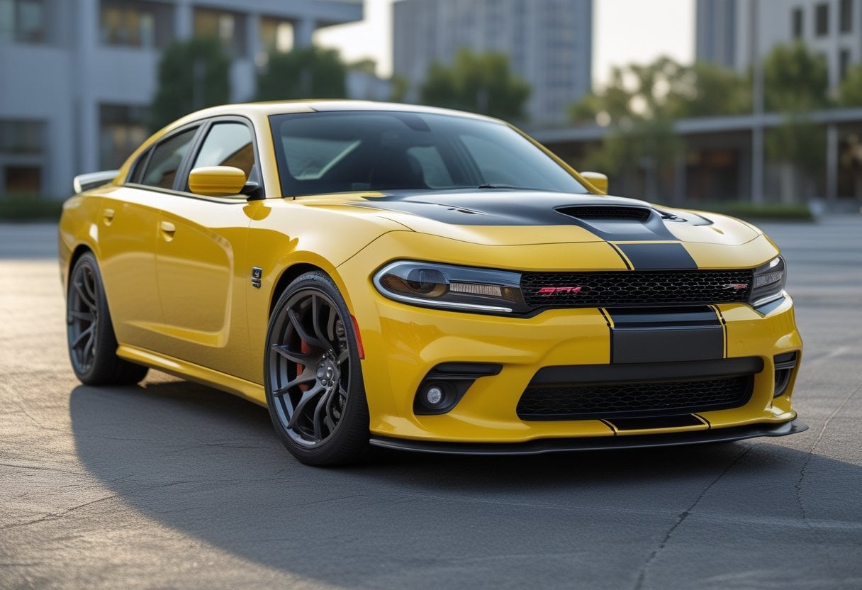 A yellow 2012 Dodge Charger SRT8 Super Bee parked outdoors with black racing stripes, shown from the front side on a paved surface.