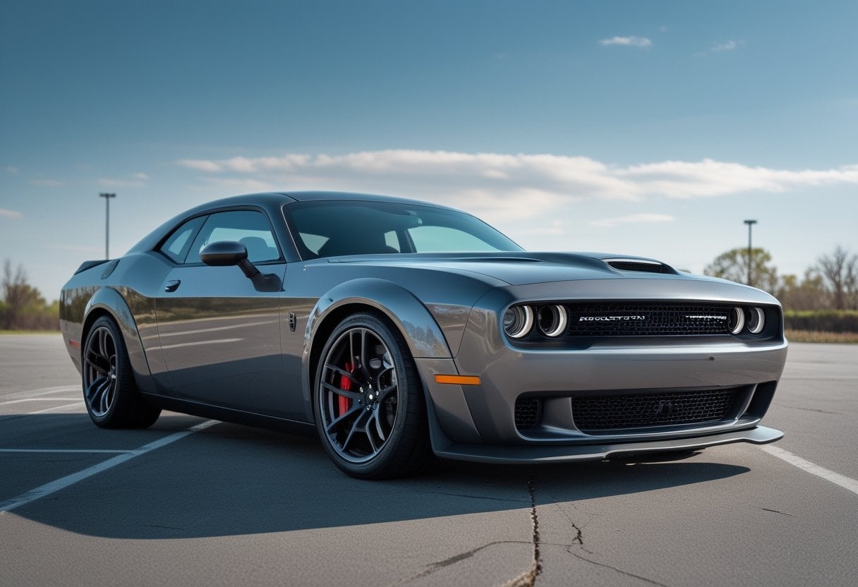A 2015 Dodge Challenger Hellcat parked outdoors on a clear day, shown from the front side with a road and sky in the background.
