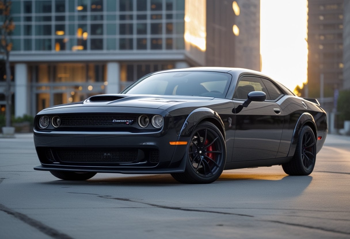 A black 2017 Dodge Challenger Demon parked on a city street with buildings in the background.