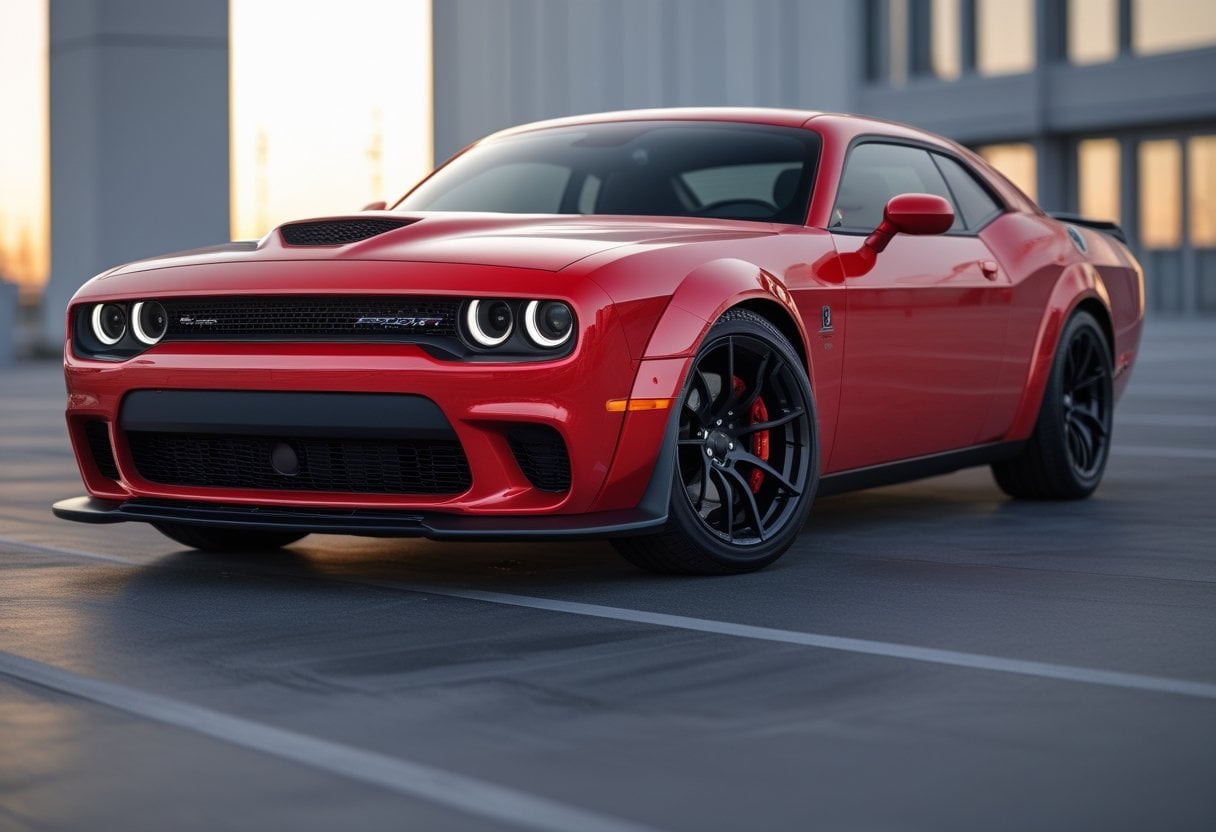A red 2018 Dodge Challenger SRT Hellcat Redeye parked outdoors with an urban background.