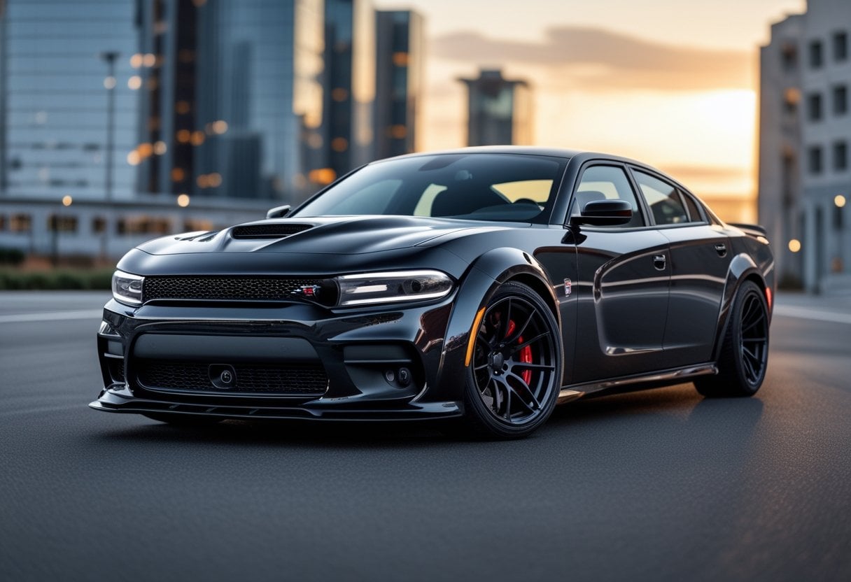 A black 2020 Dodge Charger SRT Hellcat Widebody parked on a road with an urban background.