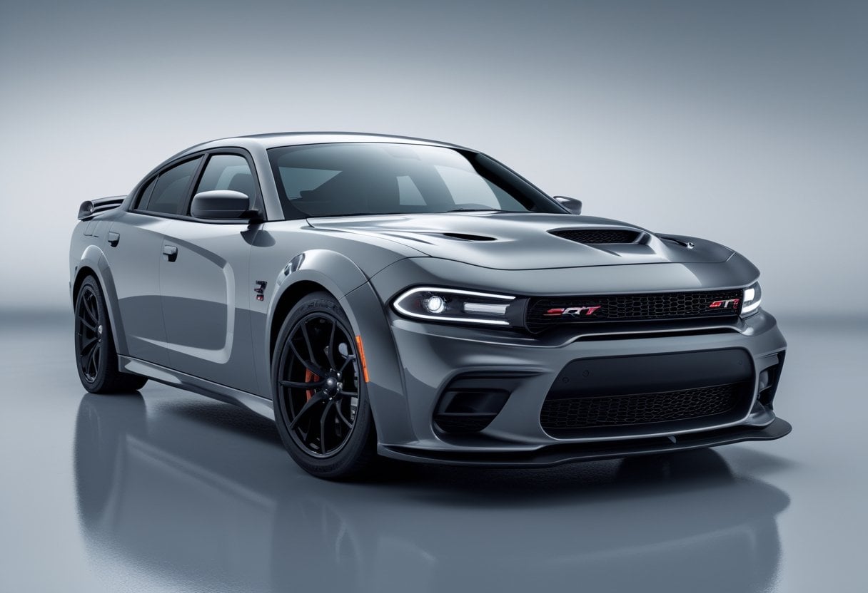 A 2021 Dodge SRT Super Stock car shown from the front side on a reflective surface with a plain background.