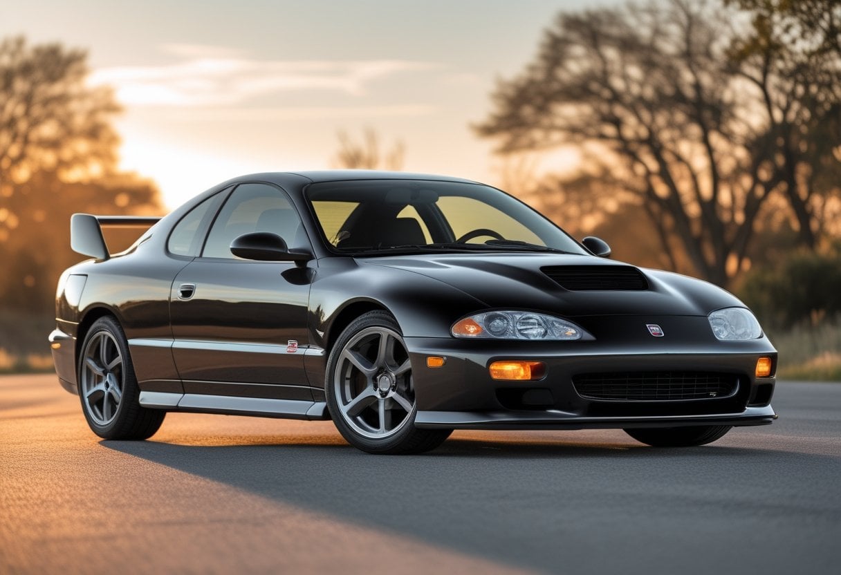 A black 1994 Dodge Stealth R/T Twin Turbo parked on a road with trees in the background.