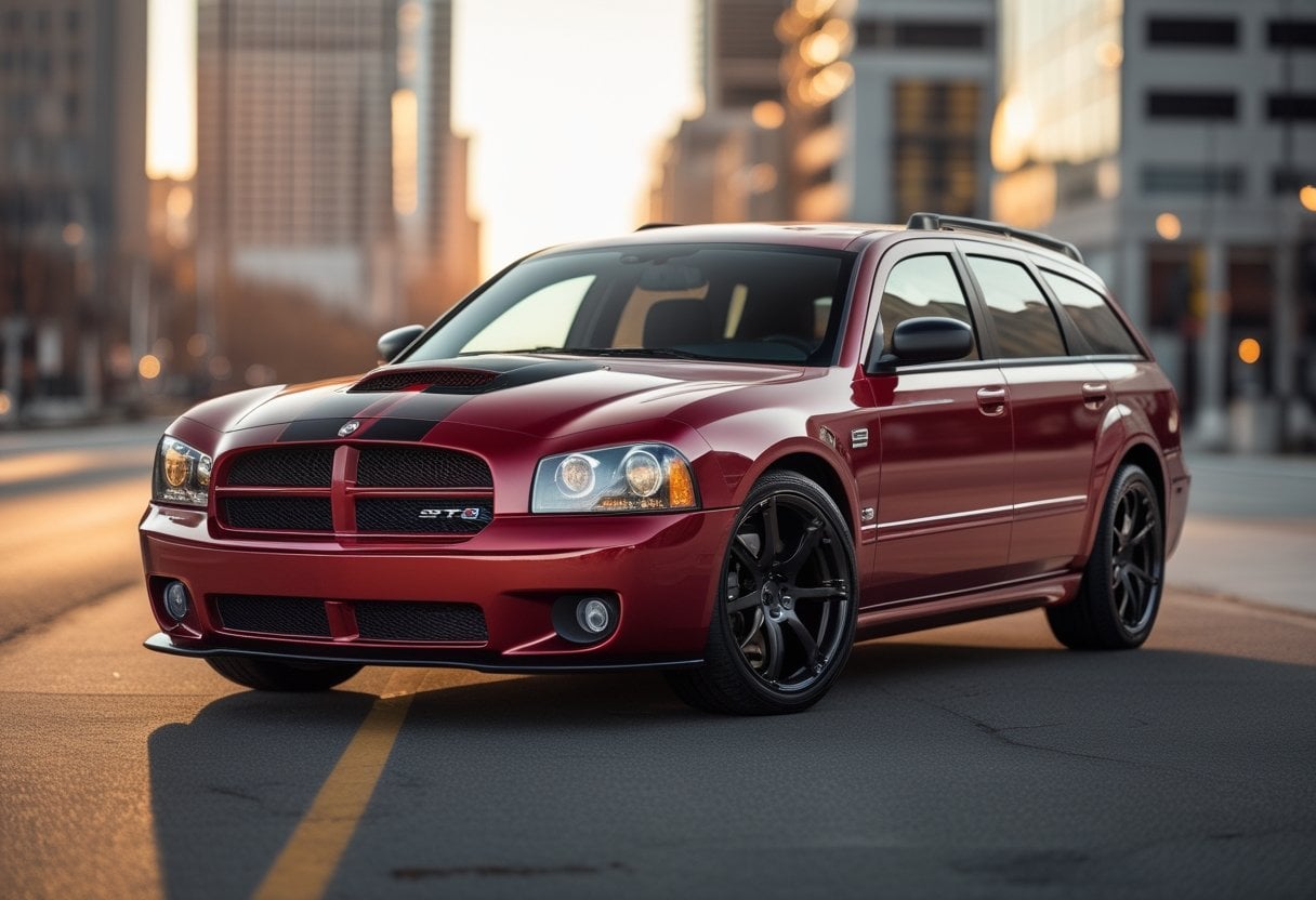 A red 2004 Dodge Magnum SRT8 parked on a city street during sunset.