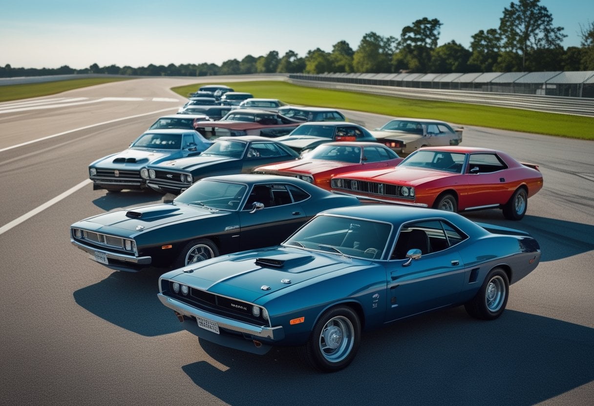 A lineup of various Dodge cars from different eras displayed outdoors on a clear day.