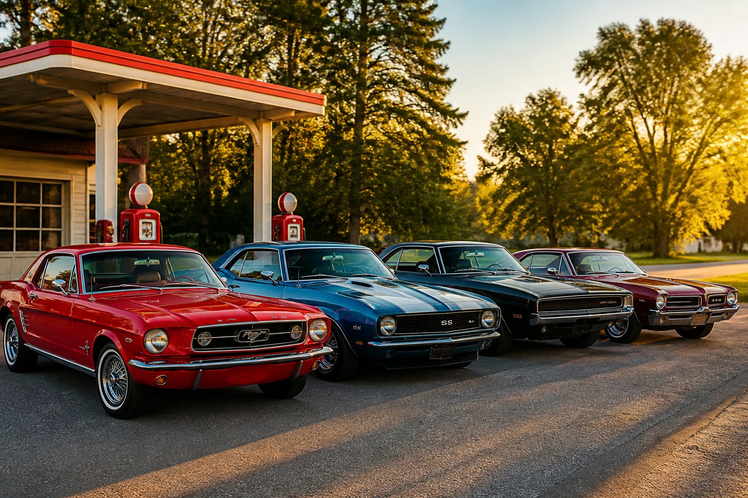 A row of classic 1960s muscle cars parked on a road near a vintage gas station under a clear sky.