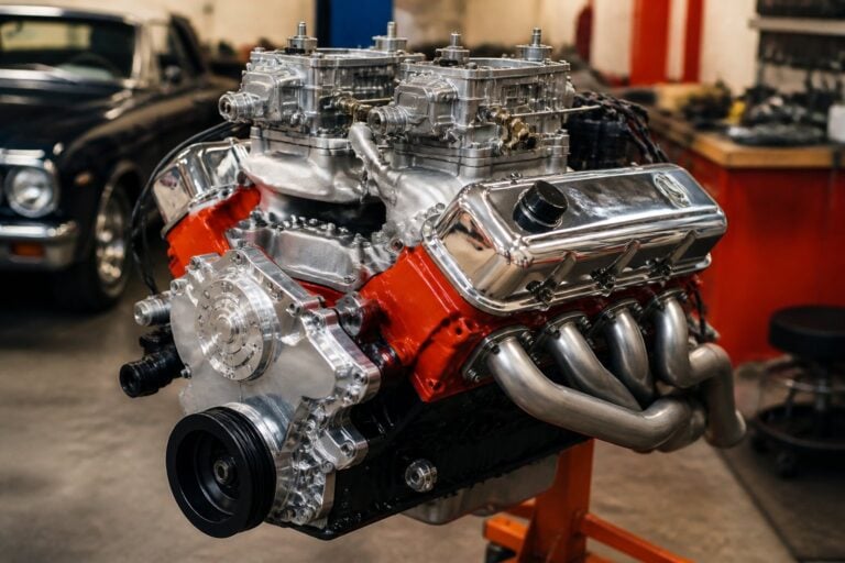 Close-up view of a large vintage V8 engine with detailed mechanical parts in a workshop.