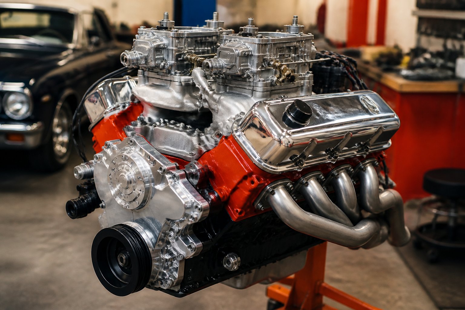 Close-up view of a large vintage V8 engine with detailed mechanical parts in a workshop.