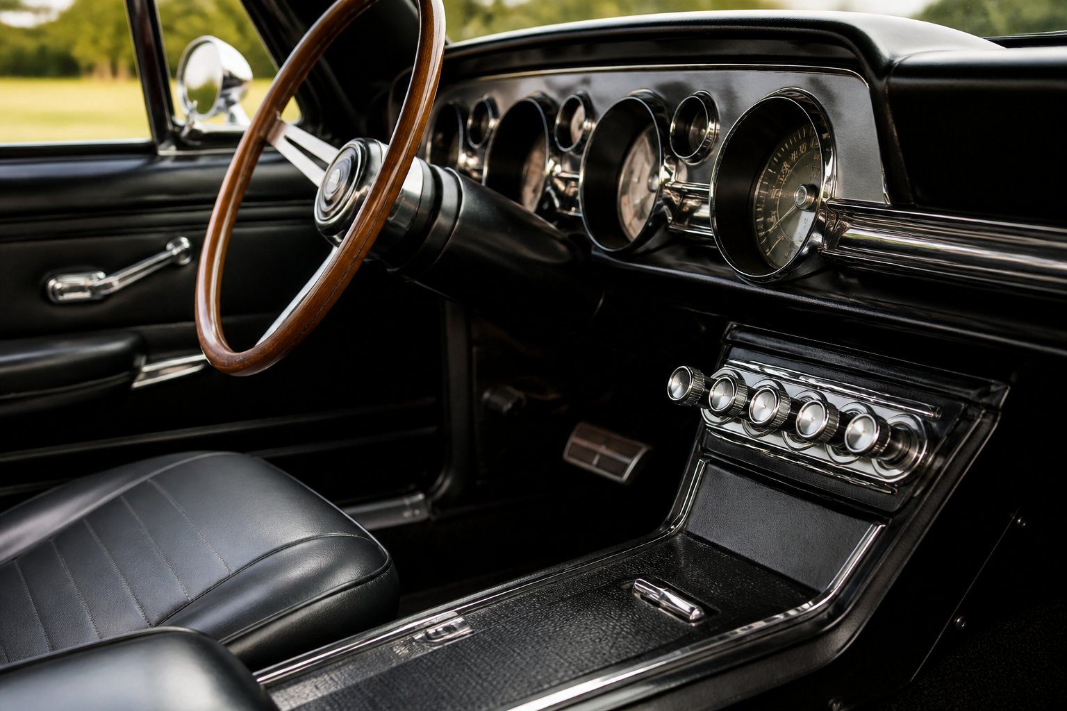 Close-up view of a classic 1960s muscle car interior showing a push-button automatic transmission and dashboard controls.