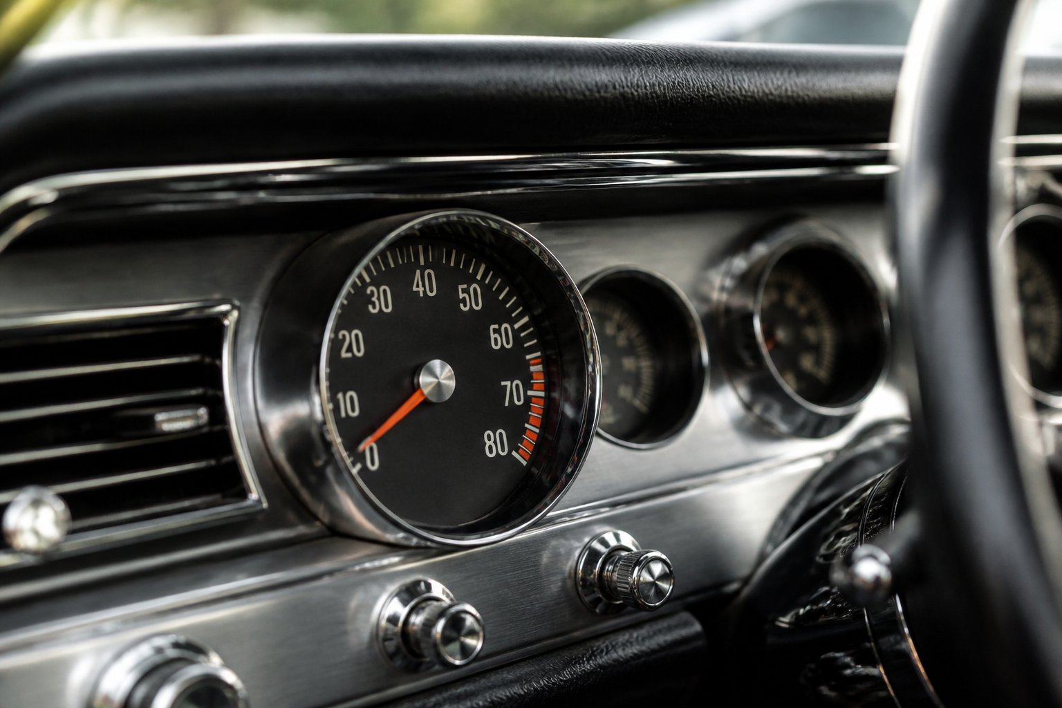 Close-up of a vintage car dashboard showing a factory-installed tachometer and surrounding gauges.