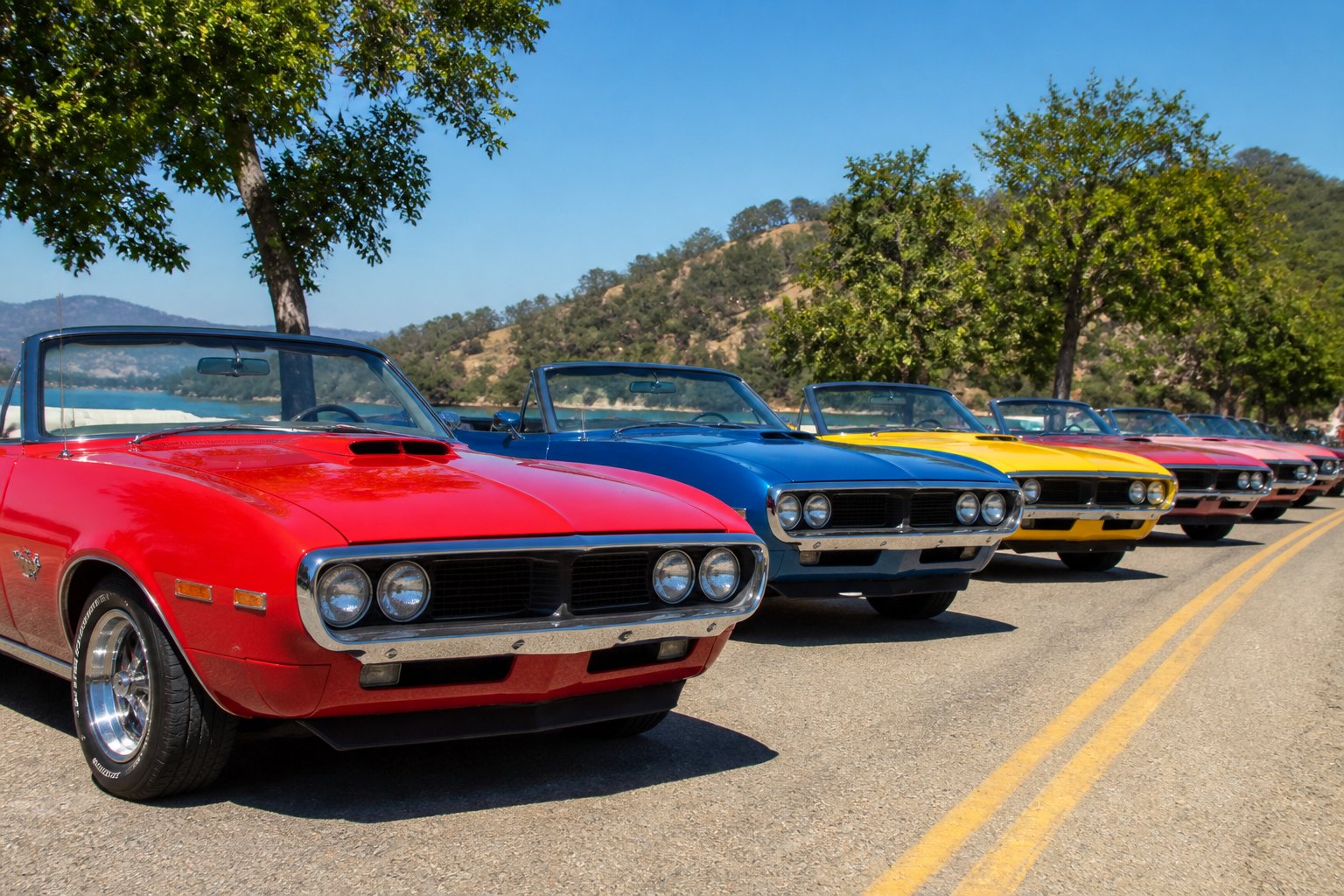 A lineup of colorful 1960s convertible muscle cars parked outdoors on a sunny day.