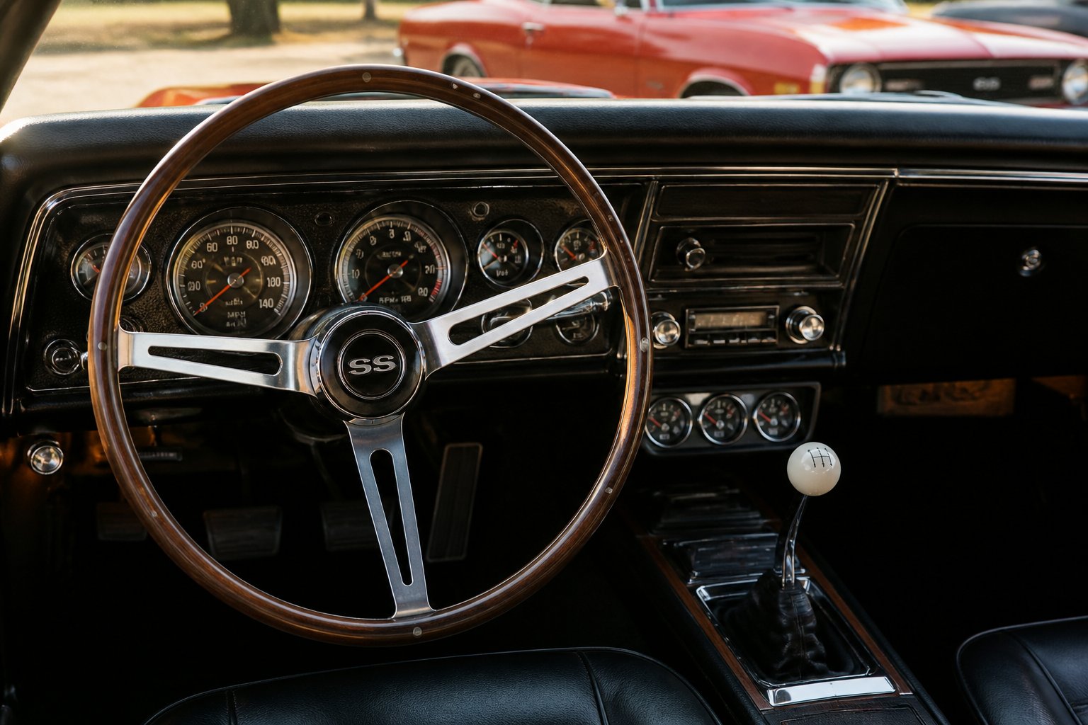 Close-up of a 1960s muscle car dashboard with analog gauges and a vintage steering wheel, showing simple mechanical controls without electronic aids.
