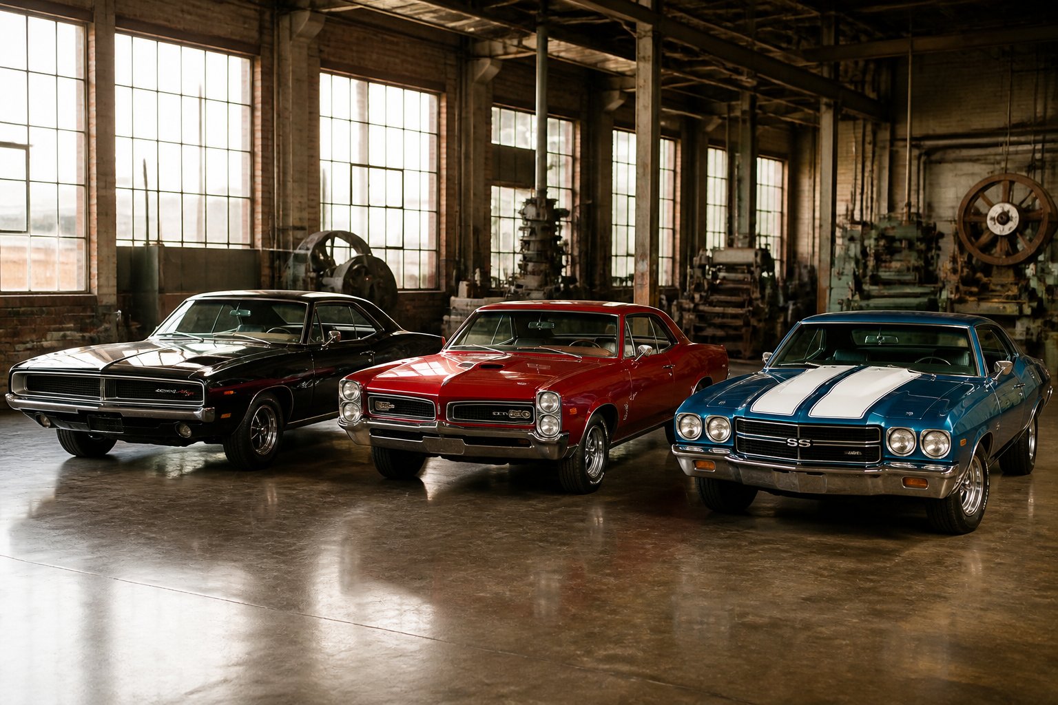 Three classic 1960s muscle cars displayed side by side in a vintage factory setting with industrial elements in the background.