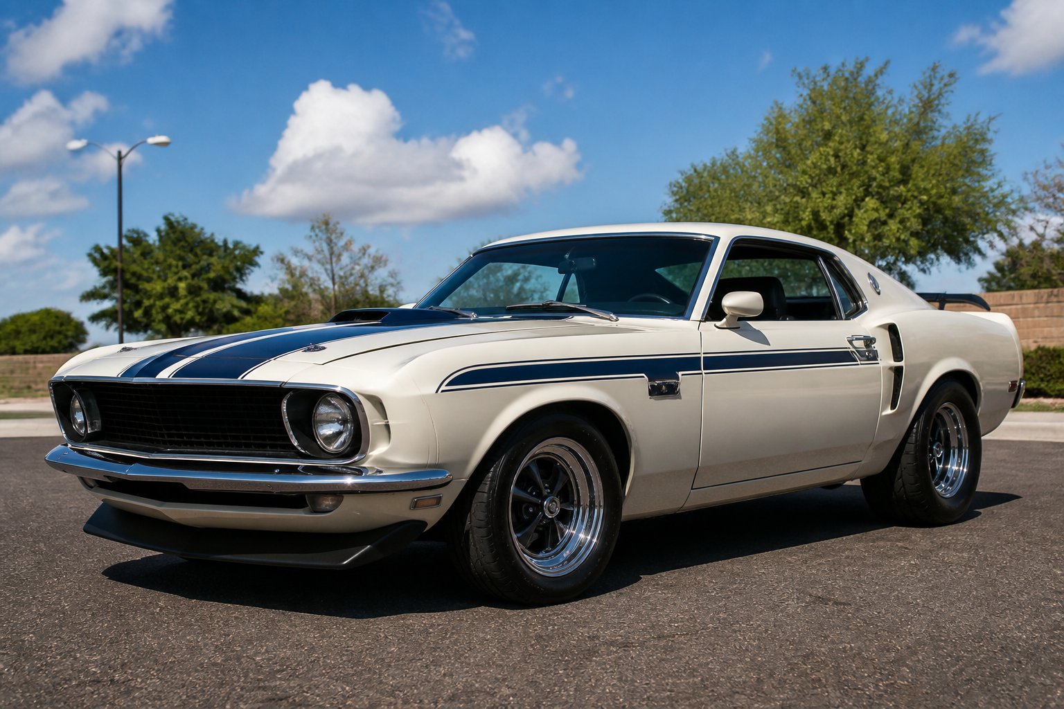 Classic 1960s muscle car with rally stripes and racing graphics parked outdoors on a clear day.