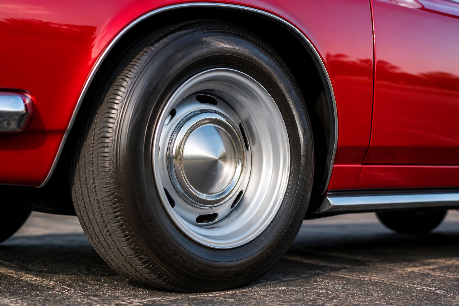 Close-up of simple steel wheels with hubcaps and dog-dish trims on a classic 1960s muscle car.