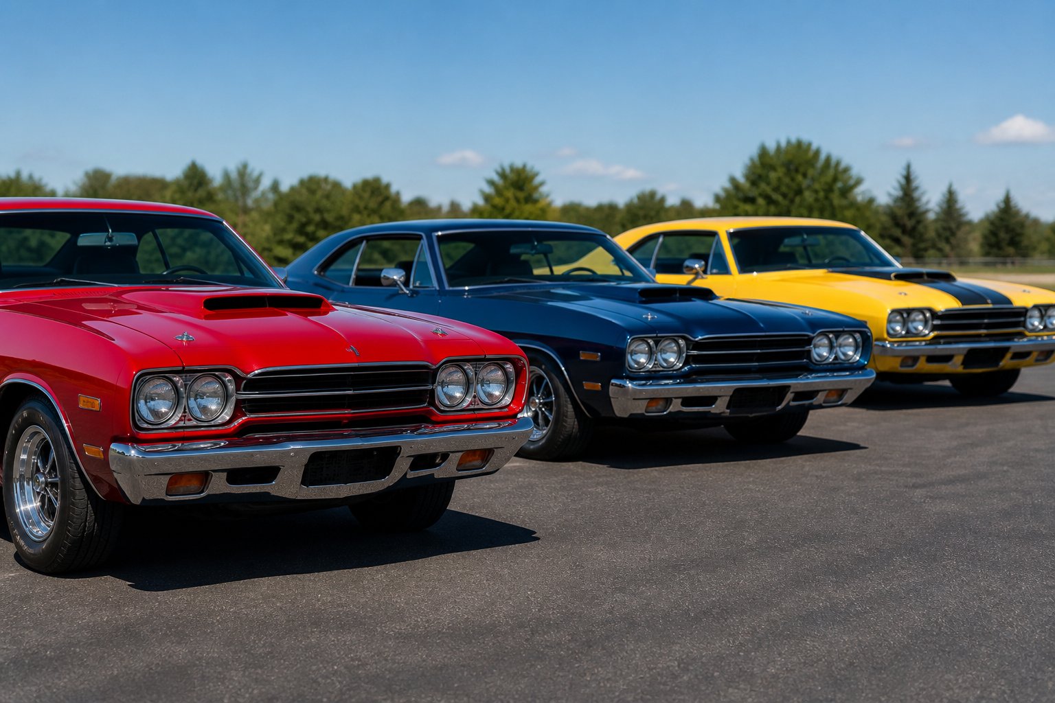 A row of classic 1960s American muscle cars parked outdoors on a sunny day.