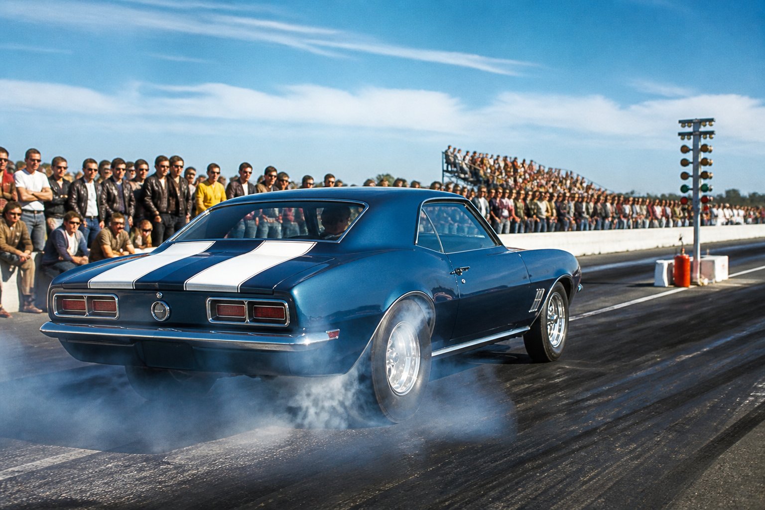 A classic 1960s muscle car at the starting line of a drag strip with spectators watching and smoke rising from the tires.