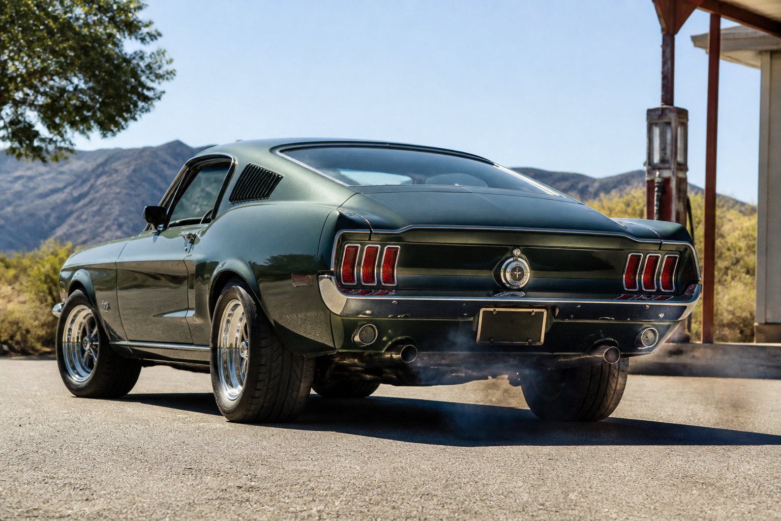 Classic 1960s muscle car parked on a sunny road with exhaust pipes emitting heat waves, highlighting its powerful engine.
