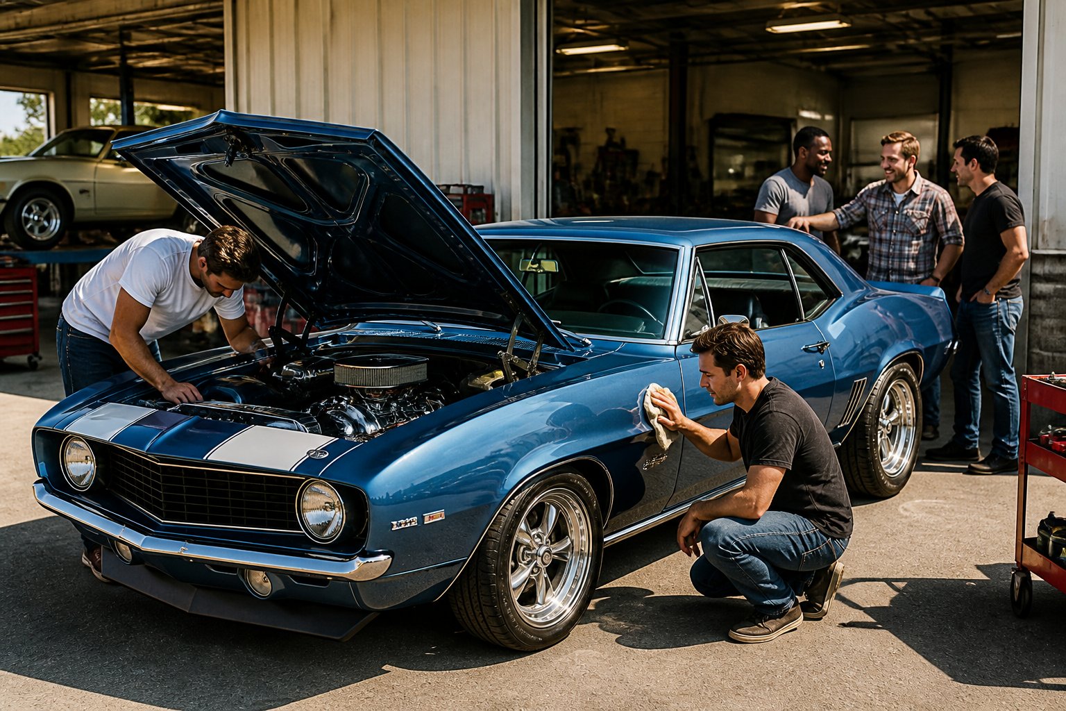 A restored 1960s muscle car with a group of people working on and admiring it outdoors near a garage.