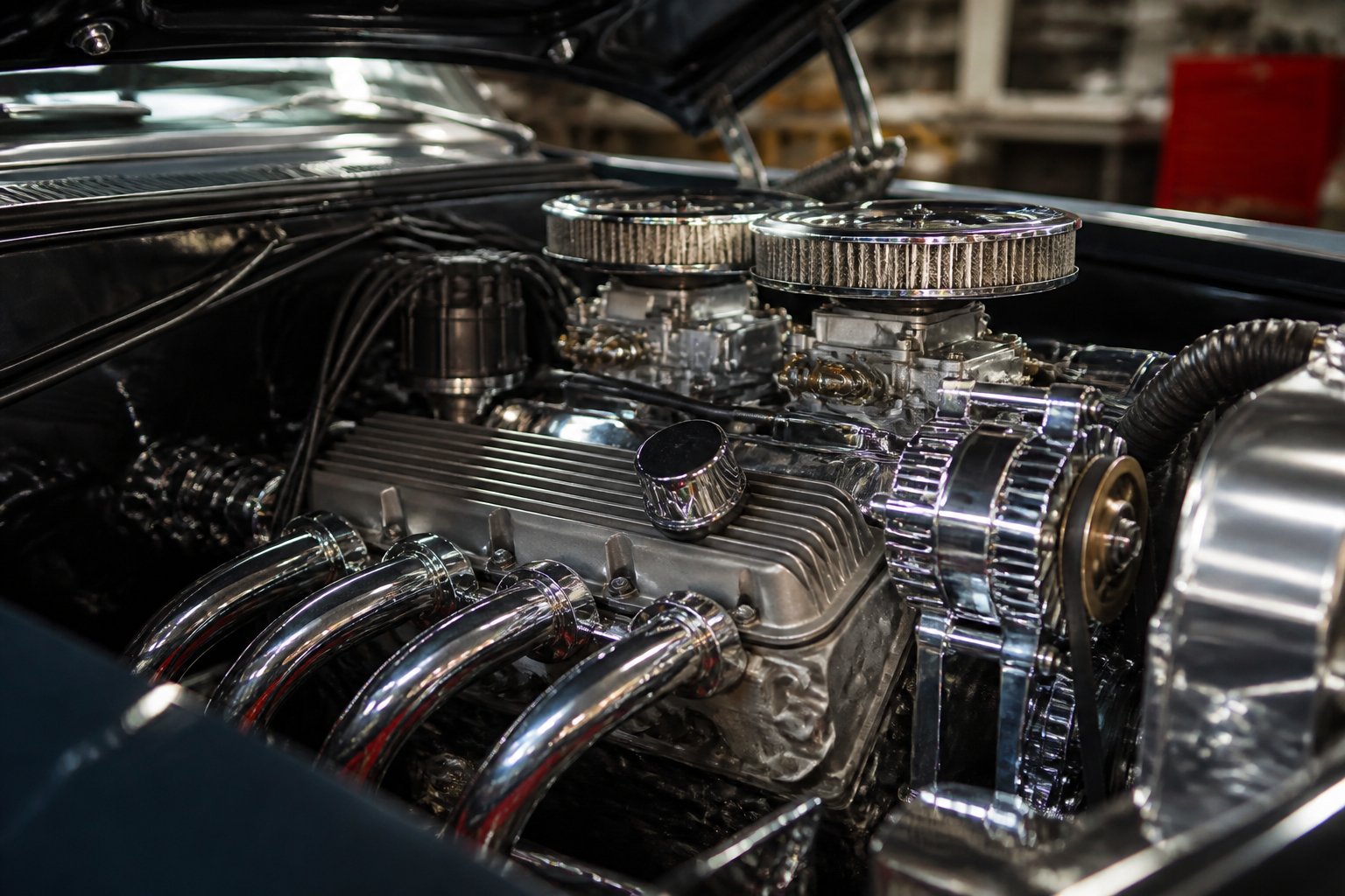 Close-up of polished mufflers and camshafts inside the engine bay of a vintage 1960s muscle car.