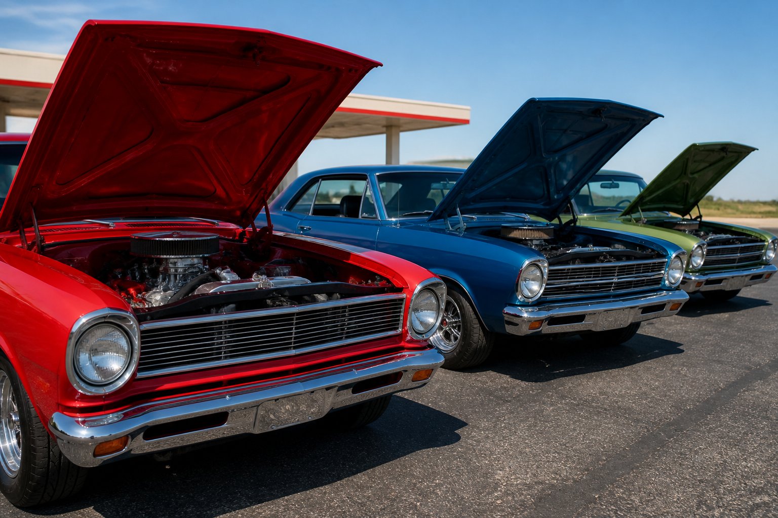A lineup of classic 1960s compact muscle cars with open hoods showing large engines, parked outdoors on a sunny day.