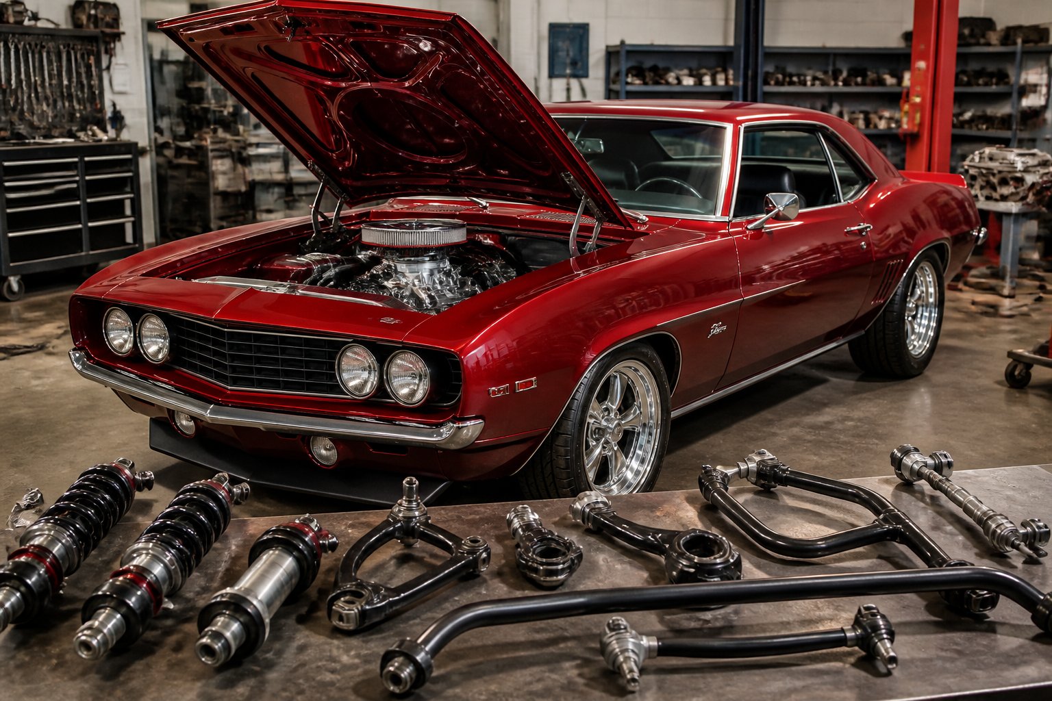A restored red 1960s muscle car in a workshop surrounded by automotive suspension parts and tools.