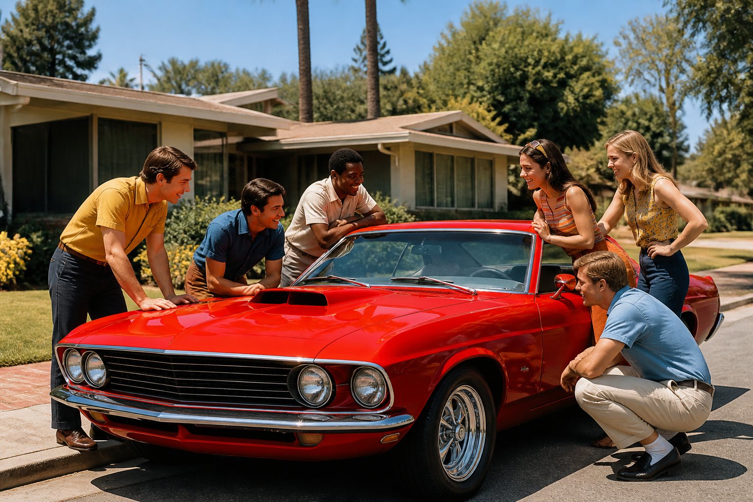 A group of young people standing around a classic 1960s muscle car parked on a sunny street with trees and houses in the background.