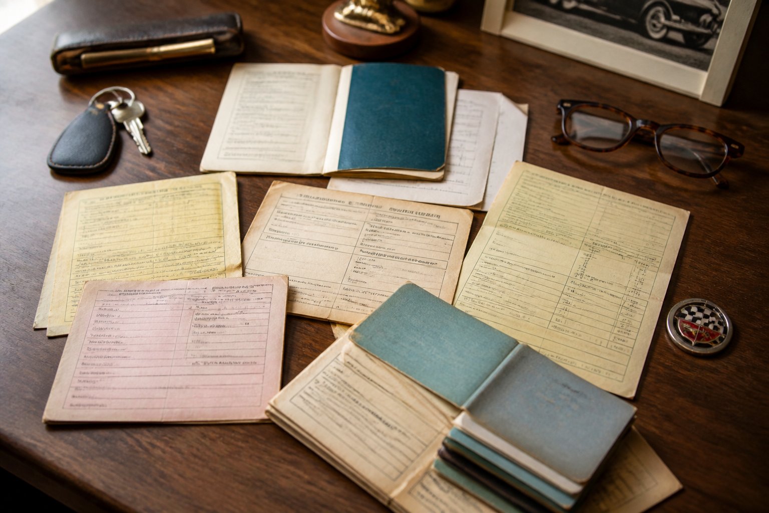 A collection of vintage car warranty cards and paperwork from the 1960s arranged on a wooden desk with automotive memorabilia.