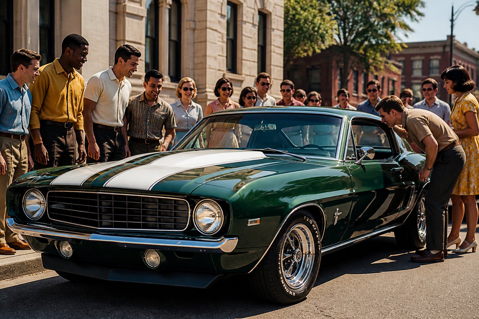A classic 1960s muscle car parked on a city street with people dressed in 1960s clothing admiring it.
