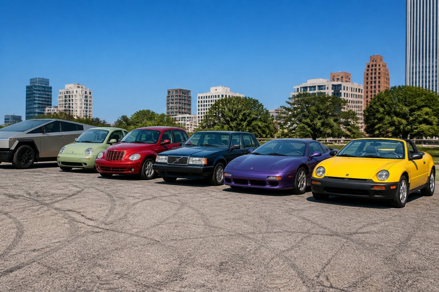 A lineup of various cars known for being overrated, parked side by side outdoors on a clear day.