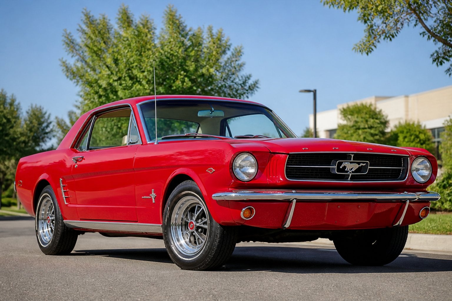 A red first-generation Ford Mustang parked outdoors with a clear sky and greenery in the background.