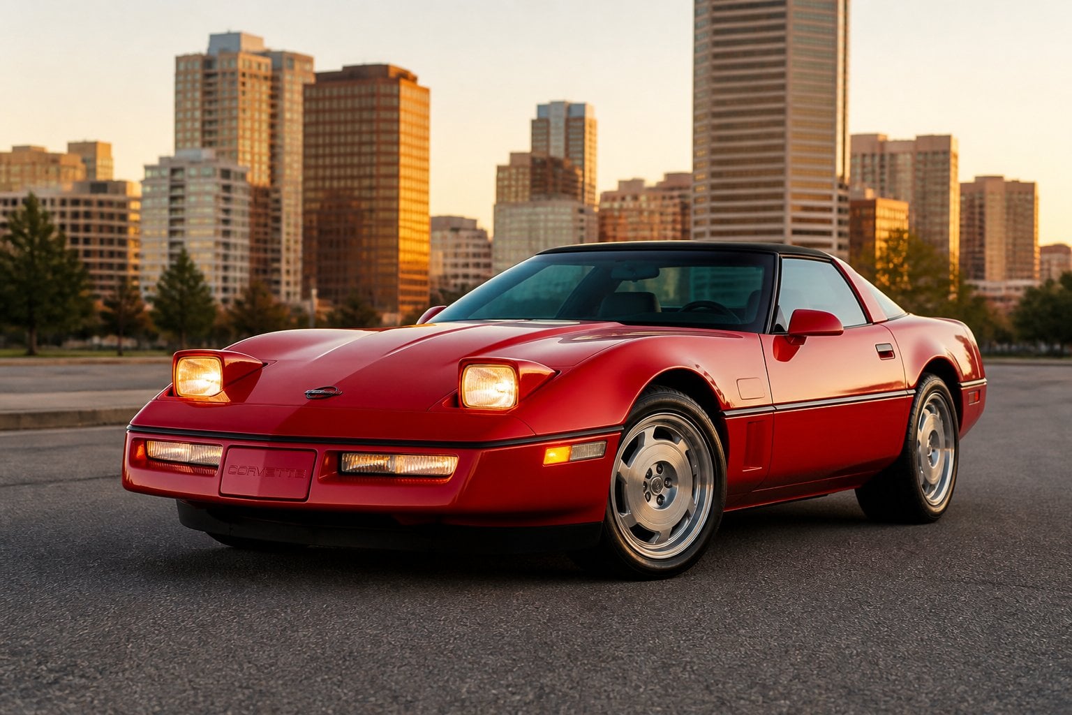 A red Chevrolet Corvette C4 parked on an empty city street with buildings in the background.