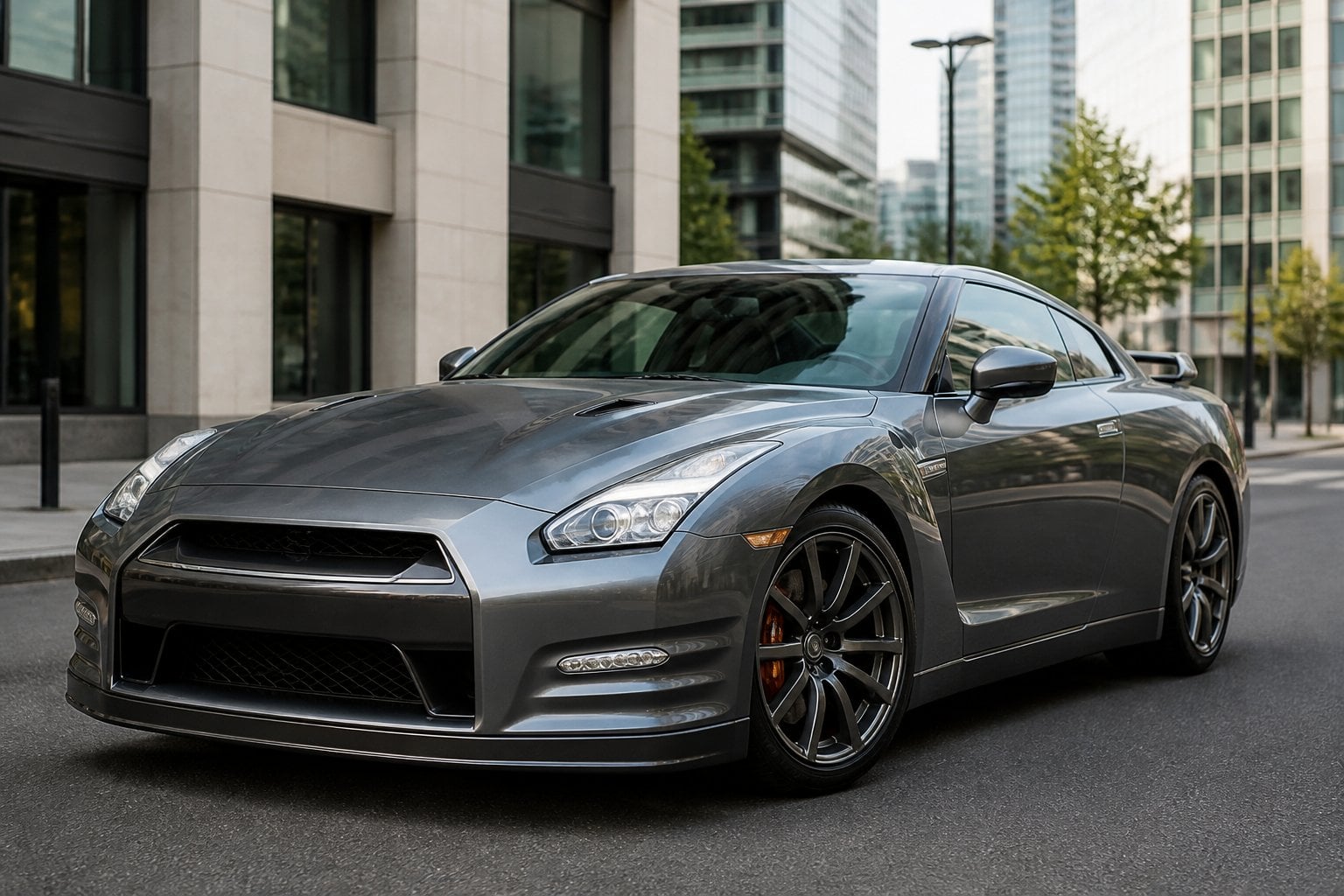 A Nissan GT-R R35 parked on a city street with buildings in the background.