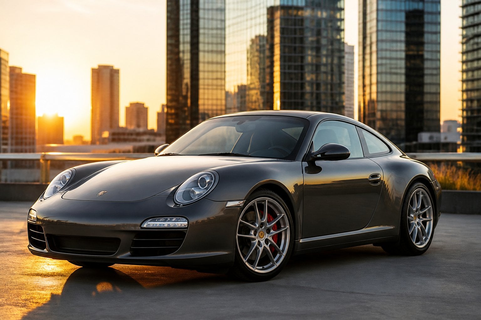 A Porsche 911 997 era sports car parked in an urban setting with modern buildings in the background during sunset.