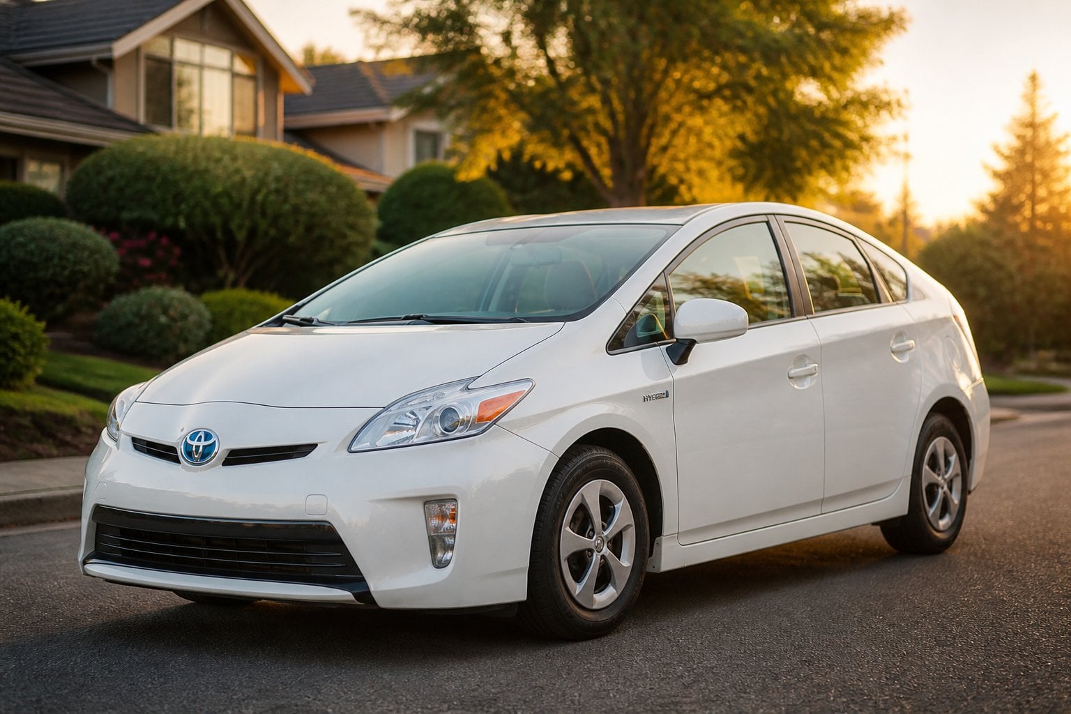 A Toyota Prius parked on a suburban street with houses and trees in the background.